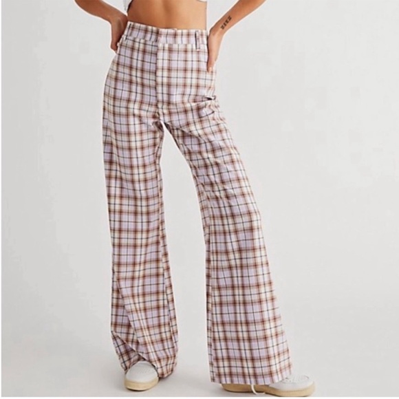 Free People purple/brown/white Plaid Wide-Leg Pants Sz 0 - Picture 1 of 10